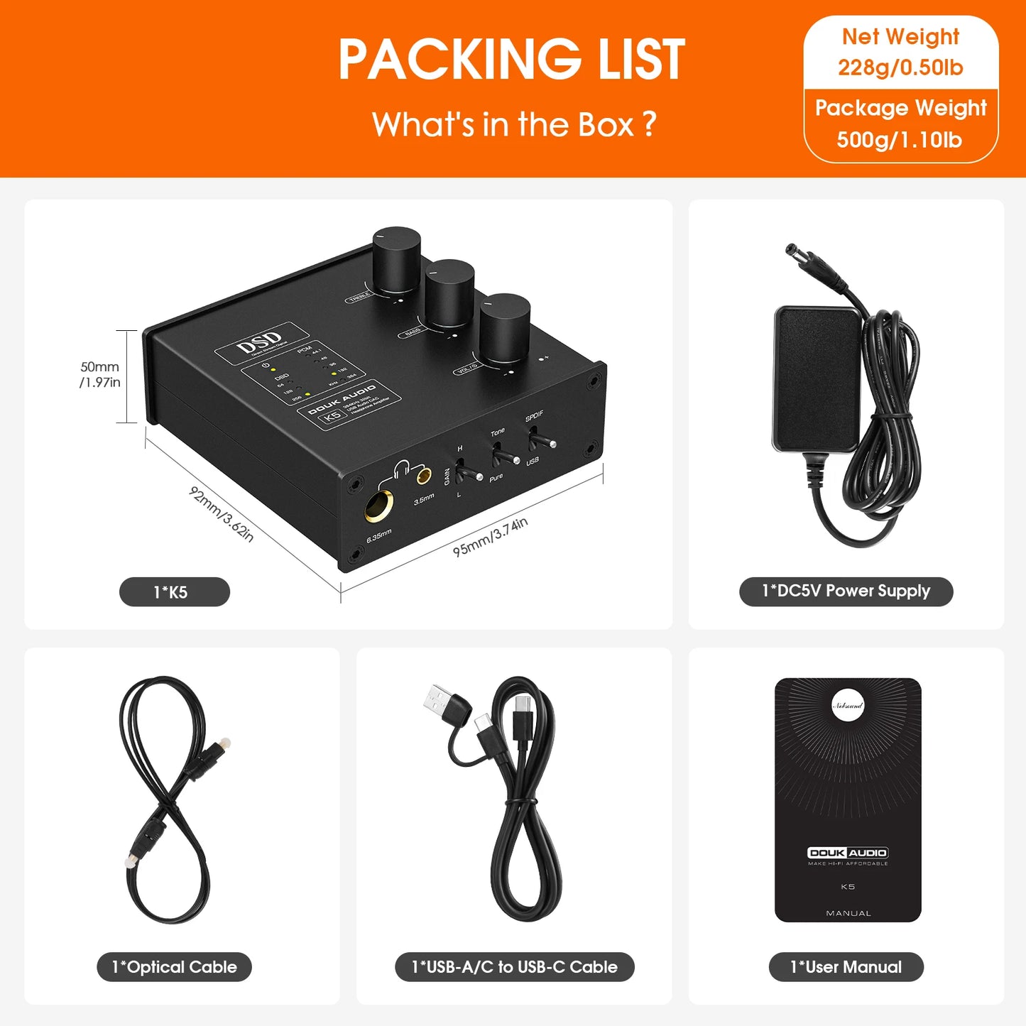 Nobsound K5 Mini ESS9038Q2M USB DAC Optical D/A Audio Converter Headphone Amplifier DSD256
