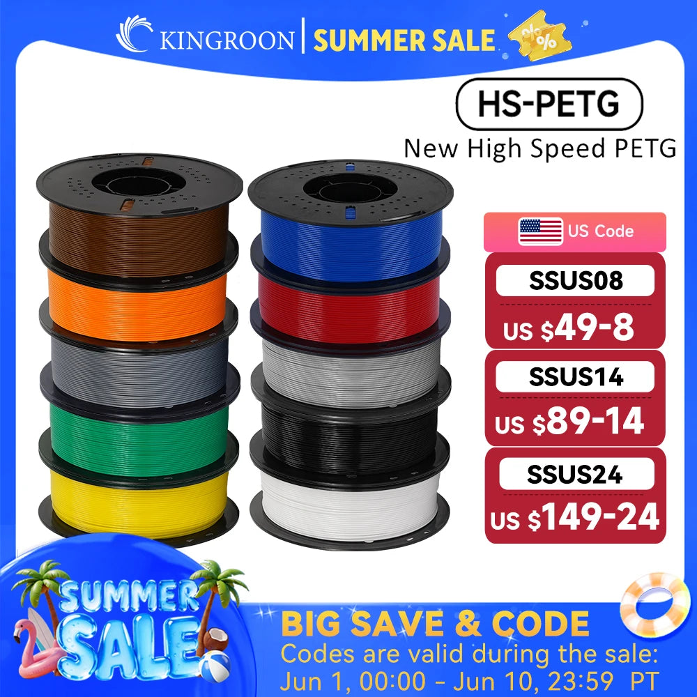 KINGROON Newest HS-PETG 3D Printer Filament 1.75mm High Speed 3D Printinng Material Hyper PETG 5KG 10KG Mix Color