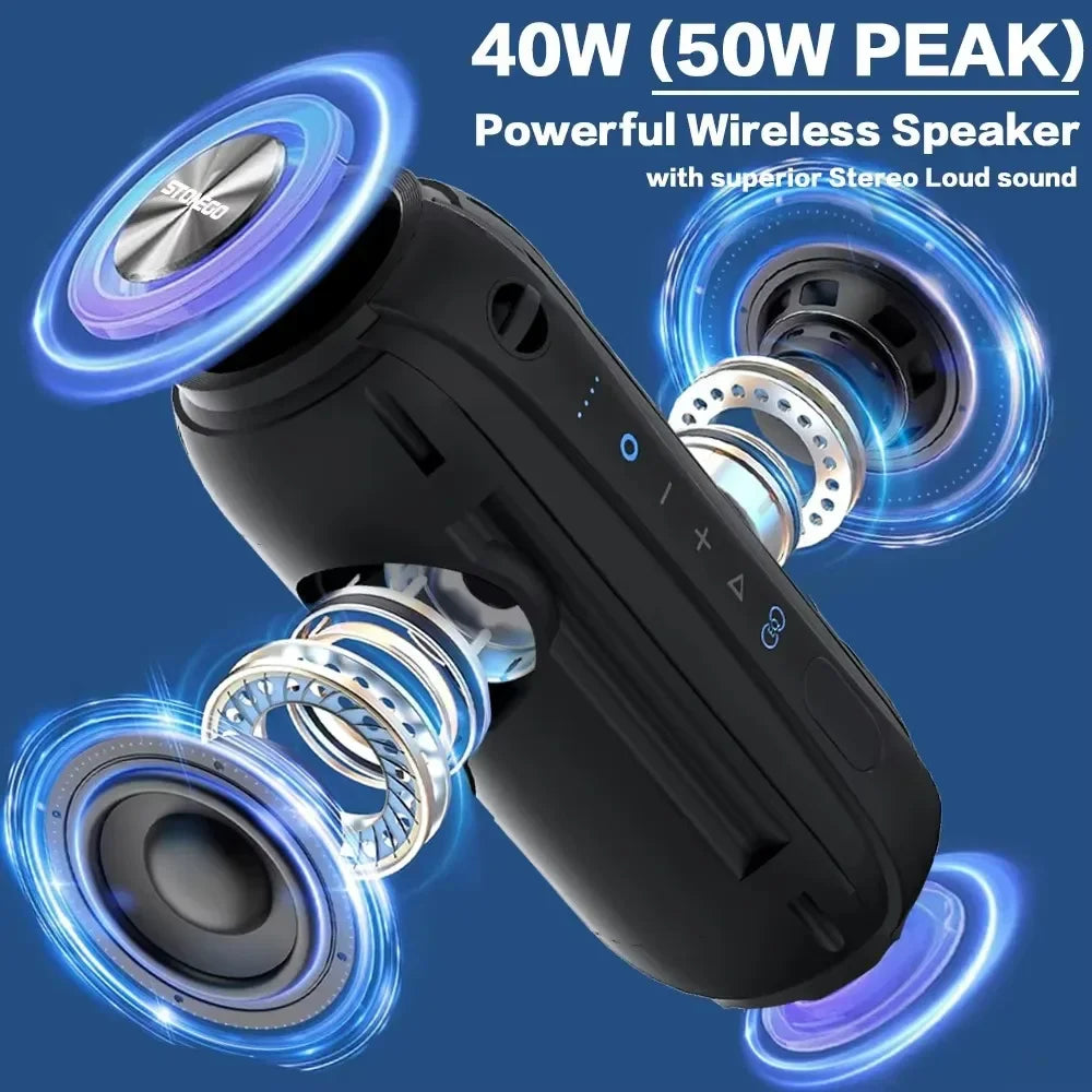 Bluetooth Speaker Stereo Dual Speakers Long Battery Life Heavy Bass IPX7 Waterproof Wireless Smart Soundbox Loudspeaker with Built in Mic for Outdoor Pool Beach Party Shower Audio Equipment