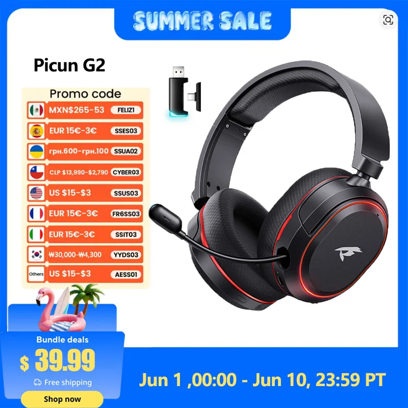 Picun G2 2.4G Wireless Gaming Headset Bluetooth Headphones 5ms Low Latency 7.1 Surround ENC Mic For PC PS4 PS5 Phone Switch
