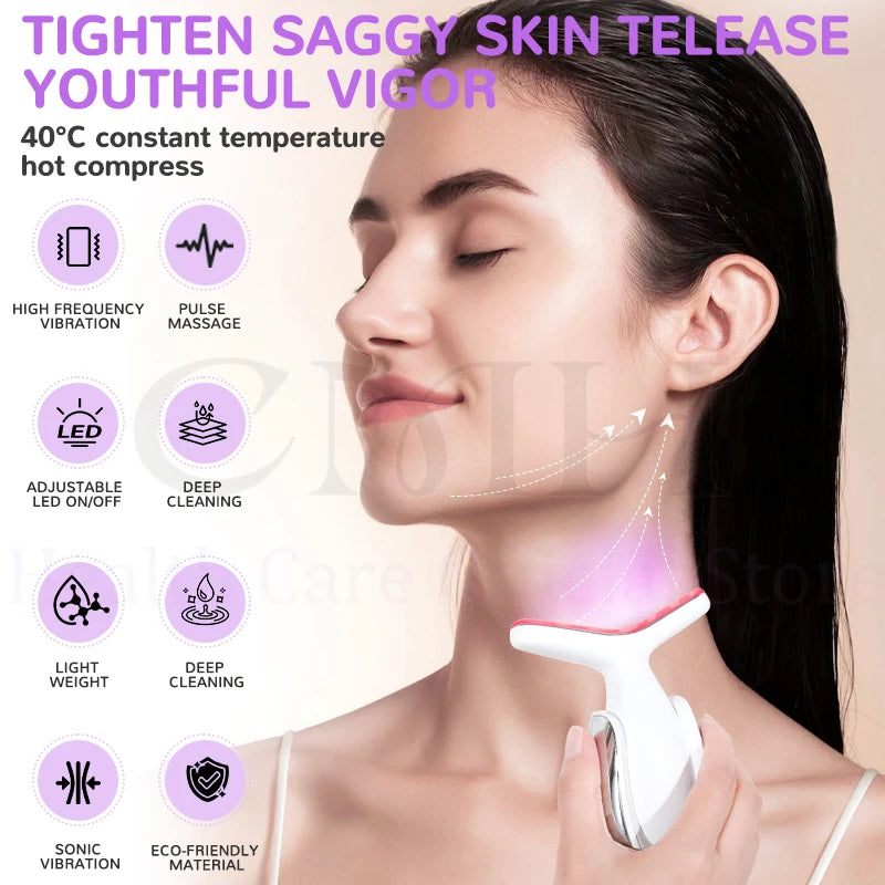 Neck Beauty Device 7 in 1 LED Therapy Microcurrent Anti Wrinkle Face Massager Deep Cleansing Hot Compress for Skin Rejuvenation