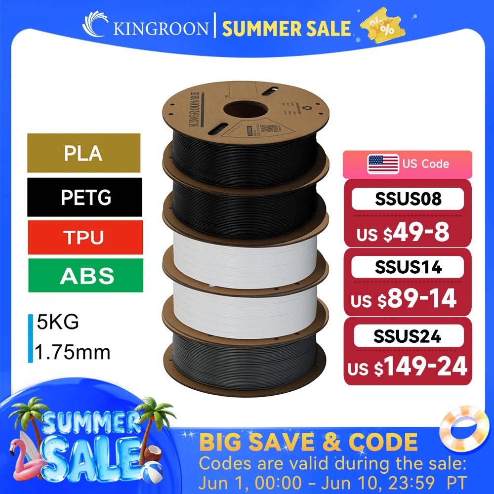 KINGROON 3D Printer Filament PLA PETG TPU ABS 5KG Bundle Black White Gray 1.75mm No bubbles Plastic 5 roll 1kg , Random Spool