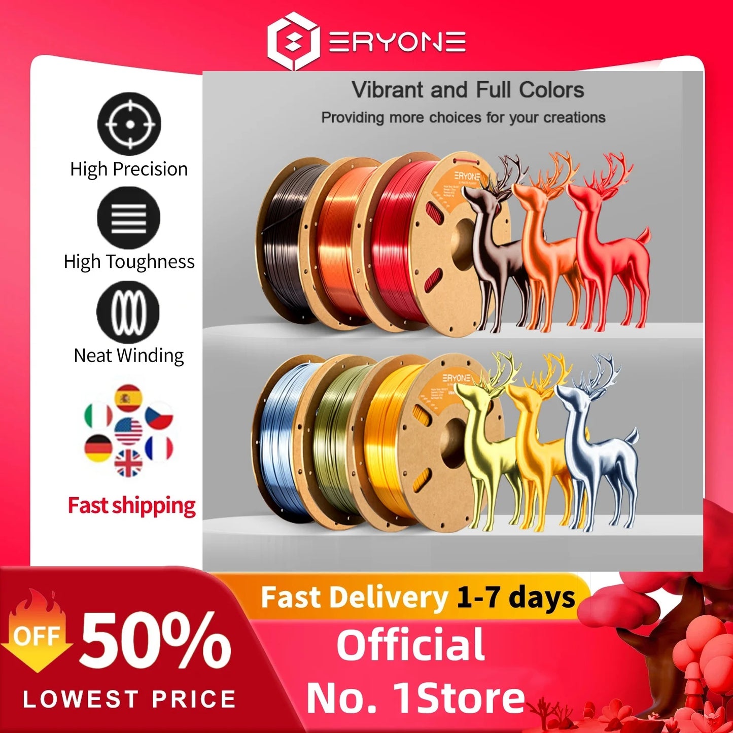 ERYONE 1/5/10KG Ultra Silk PLA Premium Filament 1.75mm 3D Print,Multicolor Available,silk pla filament ,1KG/Spool