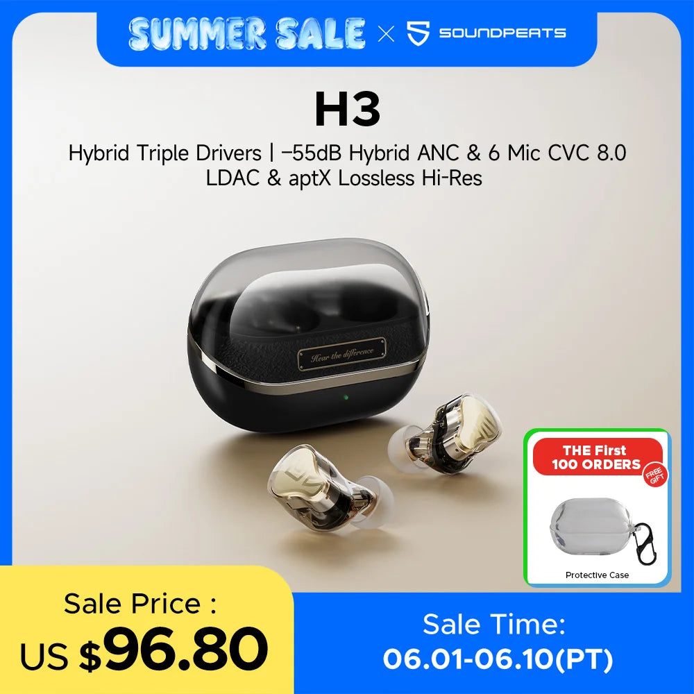 SoundPEATS H3 Wireless Bluetooth Earbuds Hybrid 3 Driver HiFi 55dB Adaptive ANC Headphones with LDAC aptX Lossless Hi-Res Audio
