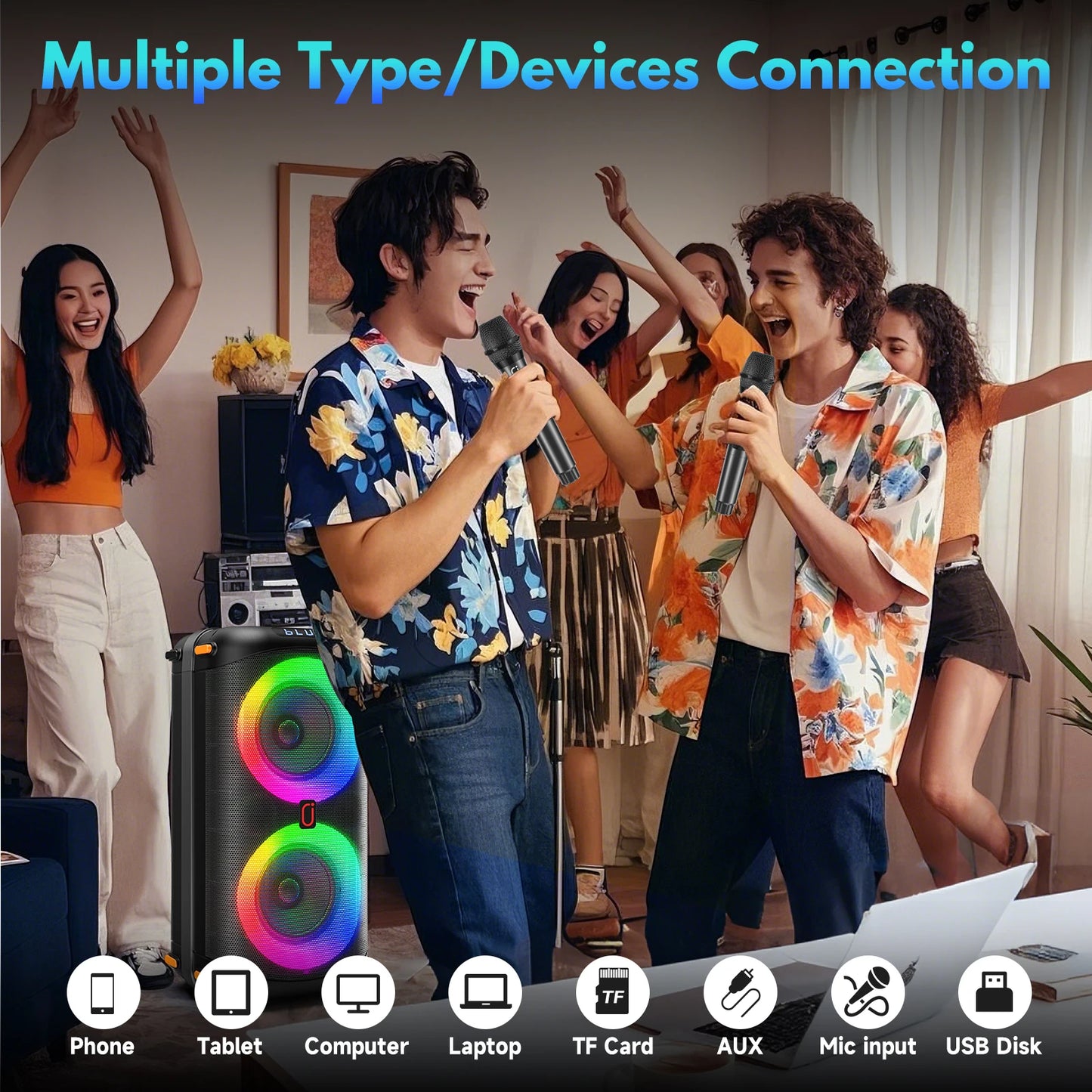 T27 Wireless Bluetooth Speaker, Karaoke Machine with 2 Microphone, Home Karaoke Party Speaker with Led Light
