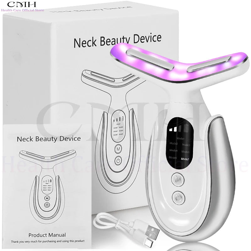 Neck Beauty Device 7 in 1 LED Therapy Microcurrent Anti Wrinkle Face Massager Deep Cleansing Hot Compress for Skin Rejuvenation