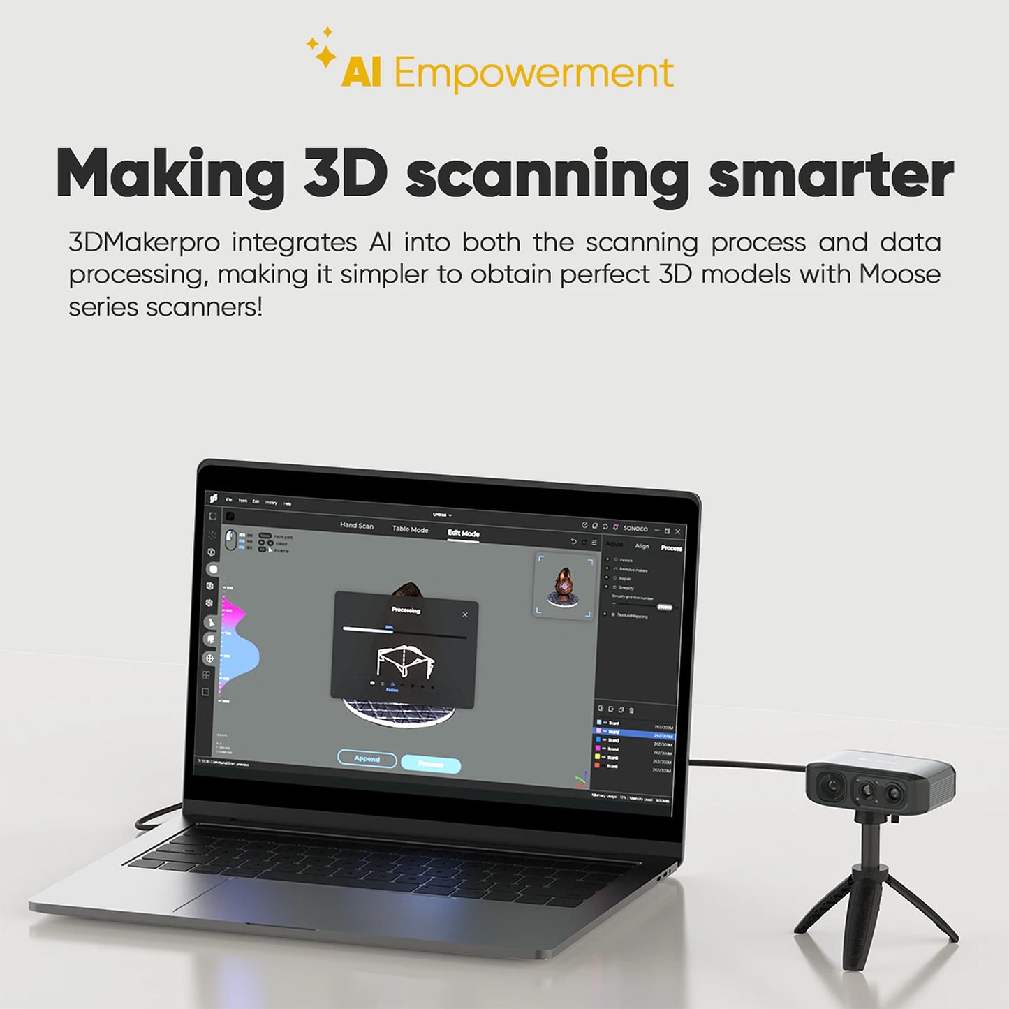 3DMakerpro Moose Lite 3D Scanner for 3D Printing 0.05mm Accuracy Handheld 3D Model Scanner Support 10-1500mm Objects Size 10FPS