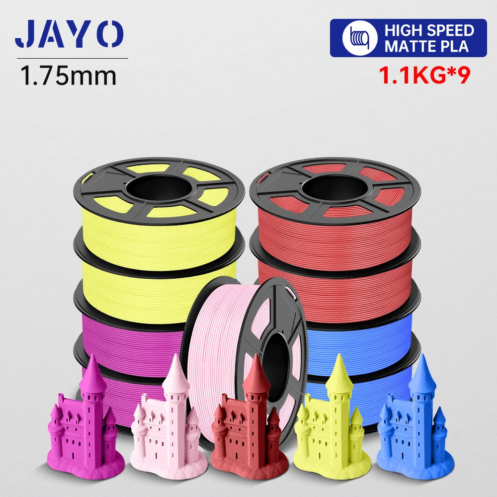 JAYO High Speed PLA matte 3D Filament 1.75mm PLA 3D Printer Filament 9Rolls/set Neatly Wound Matte Effect 3D Printing Materials