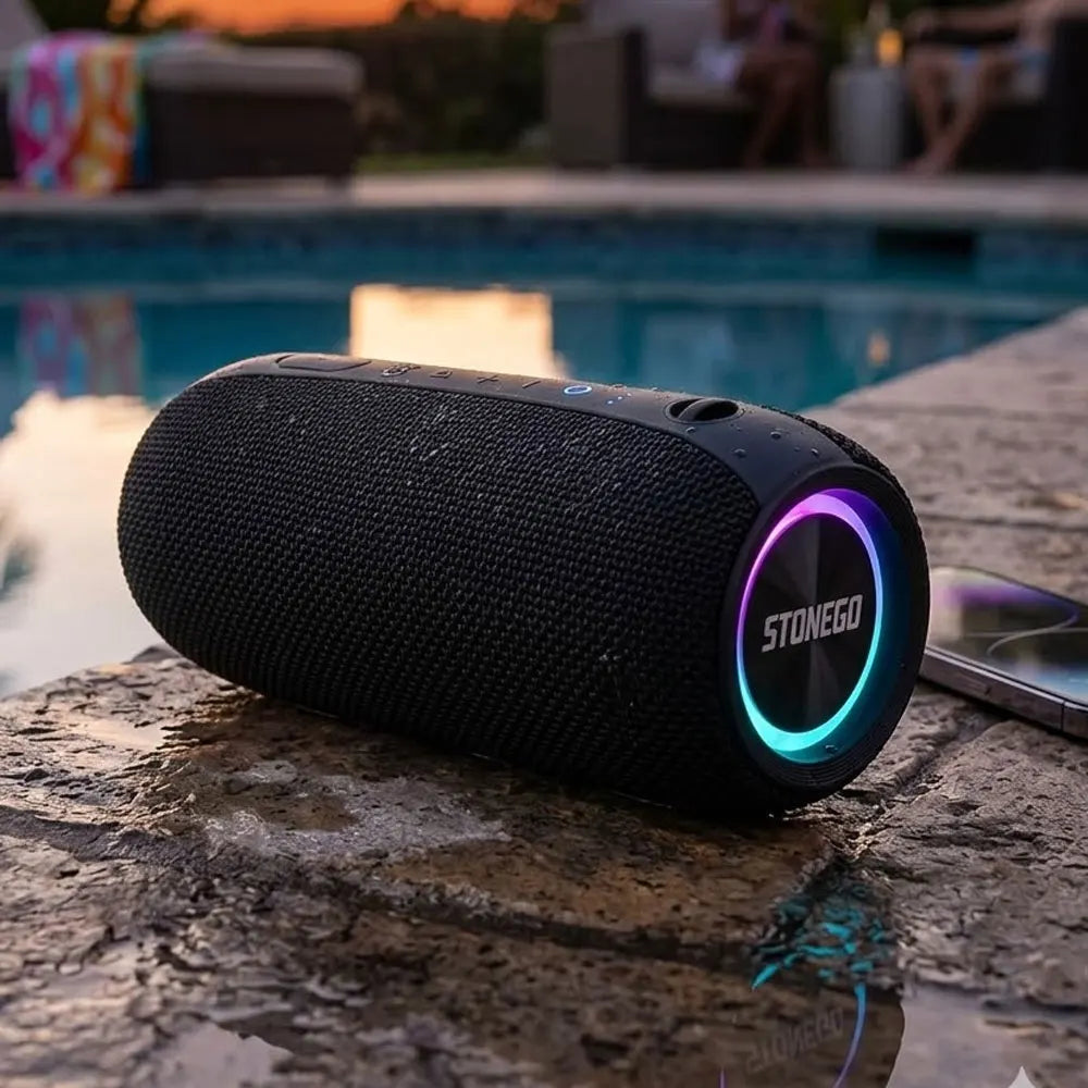 Bluetooth Speaker Stereo Dual Speakers Long Battery Life Heavy Bass IPX7 Waterproof Wireless Smart Soundbox Loudspeaker with Built in Mic for Outdoor Pool Beach Party Shower Audio Equipment