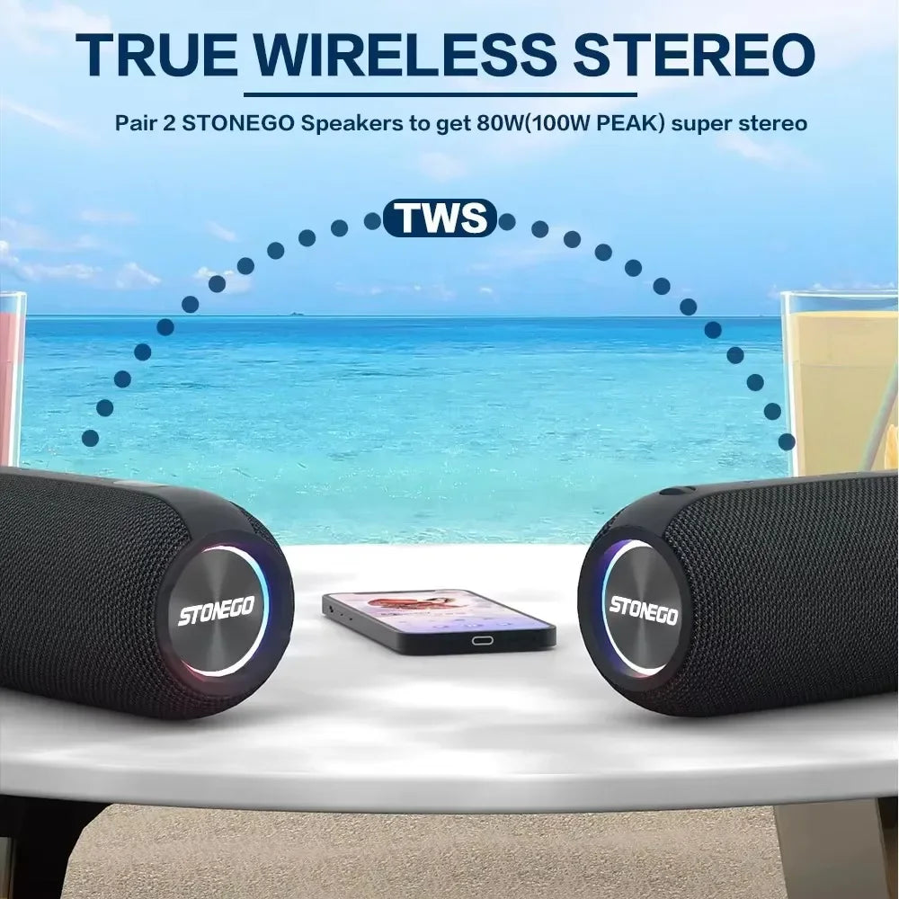 Bluetooth Speaker Stereo Dual Speakers Long Battery Life Heavy Bass IPX7 Waterproof Wireless Smart Soundbox Loudspeaker with Built in Mic for Outdoor Pool Beach Party Shower Audio Equipment