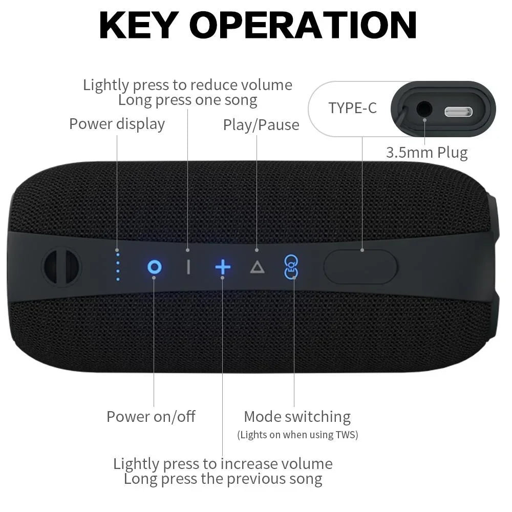 Bluetooth Speaker Stereo Dual Speakers Long Battery Life Heavy Bass IPX7 Waterproof Wireless Smart Soundbox Loudspeaker with Built in Mic for Outdoor Pool Beach Party Shower Audio Equipment